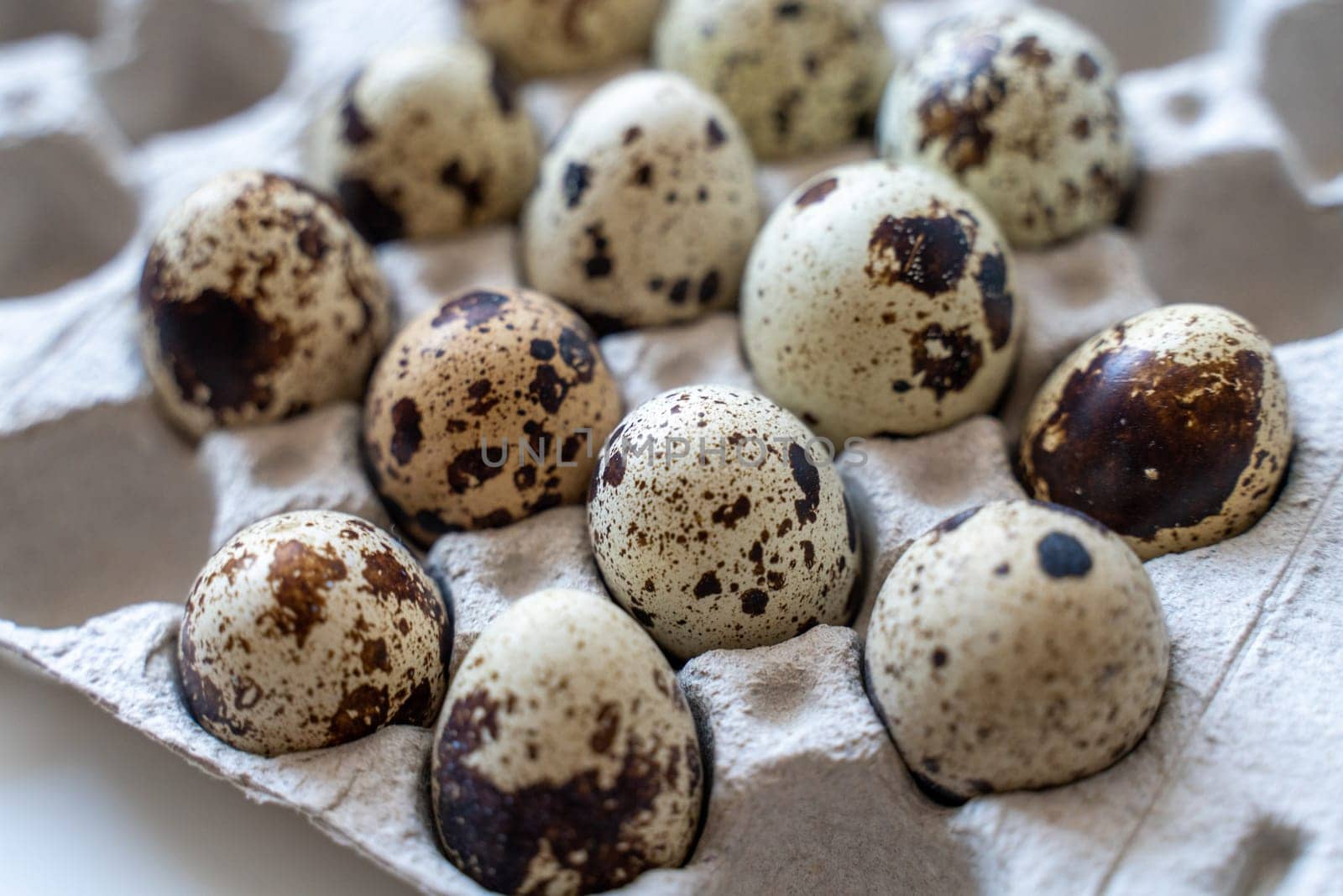 Spotted quail eggs in an egg box on a light background, natural eco-friendly products