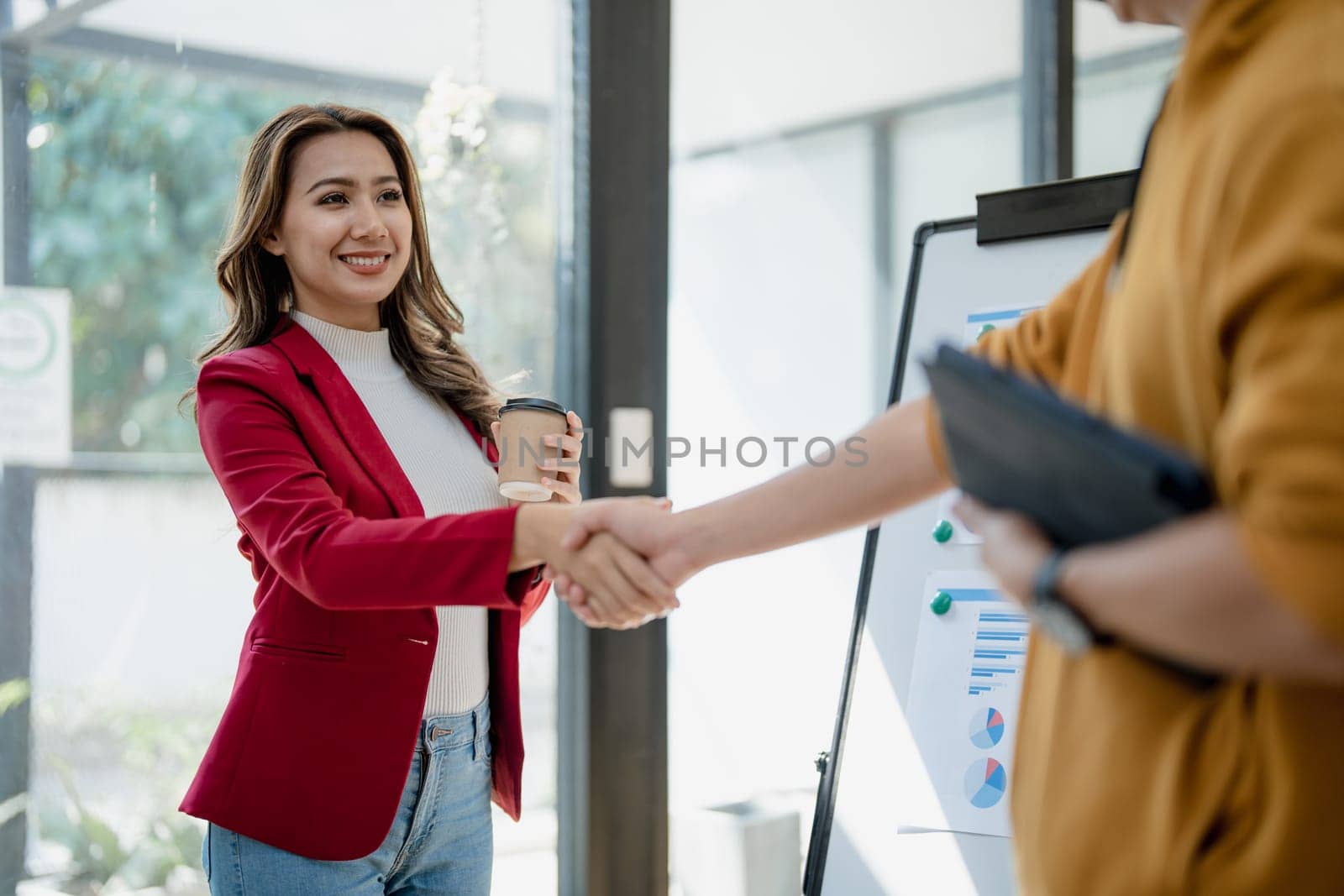 Handshake, contract deal and business partnership of meeting with shaking hands. Networking, hiring and professional negotiation of onboarding collaboration and congratulations of project by Manastrong