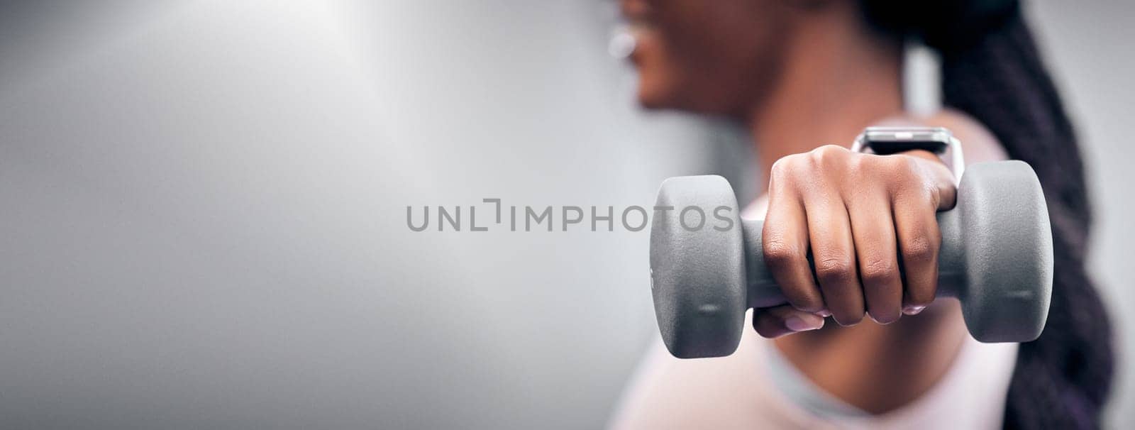 Hand with dumbbell, fitness and strong black woman with exercise zoom and weightlifting mock up, workout and muscle building. Weight training closeup, sport and power with healthy active lifestyle. by YuriArcurs