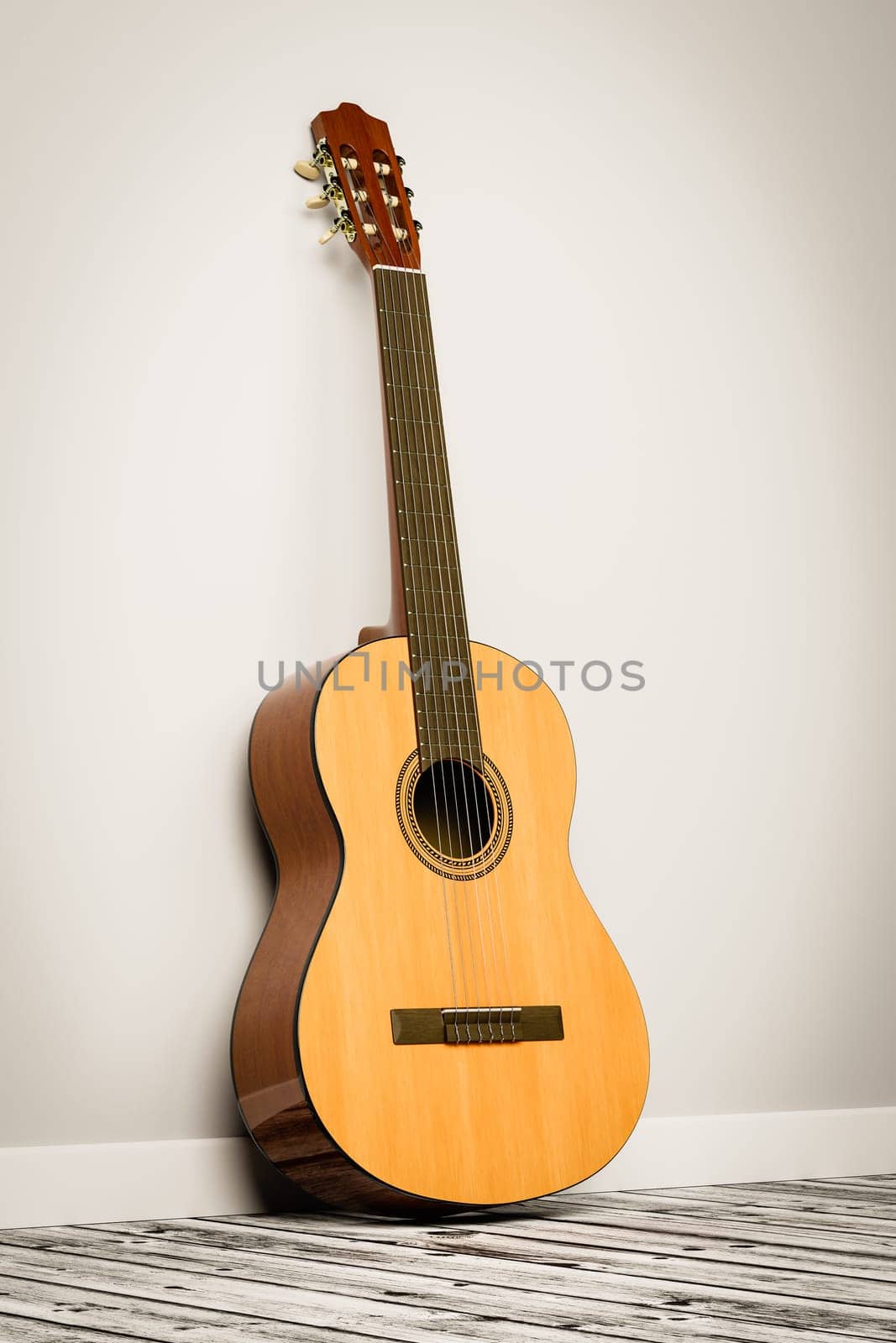 Classical Guitar Leaning Against the Wall of a Room with a Wooden Floor 3D Render Illustration