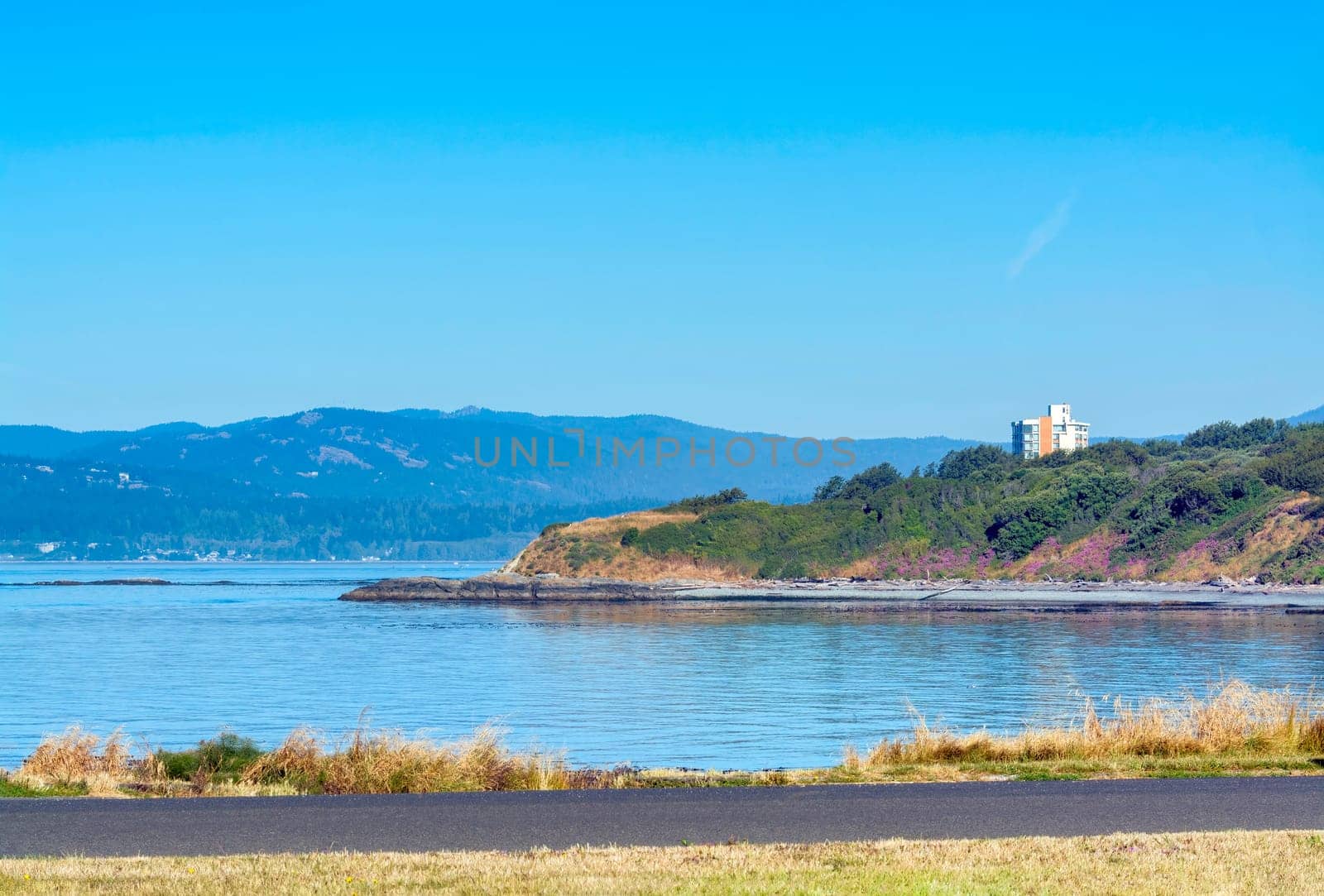 Scenery veiw of Pacific ocean bay on Vancouver island with high-rise building on the shore