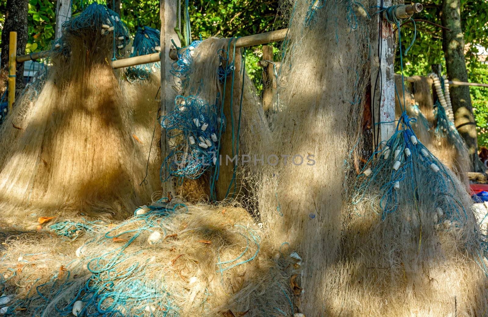 Artisanal fishing nets hung to dry after fishing
