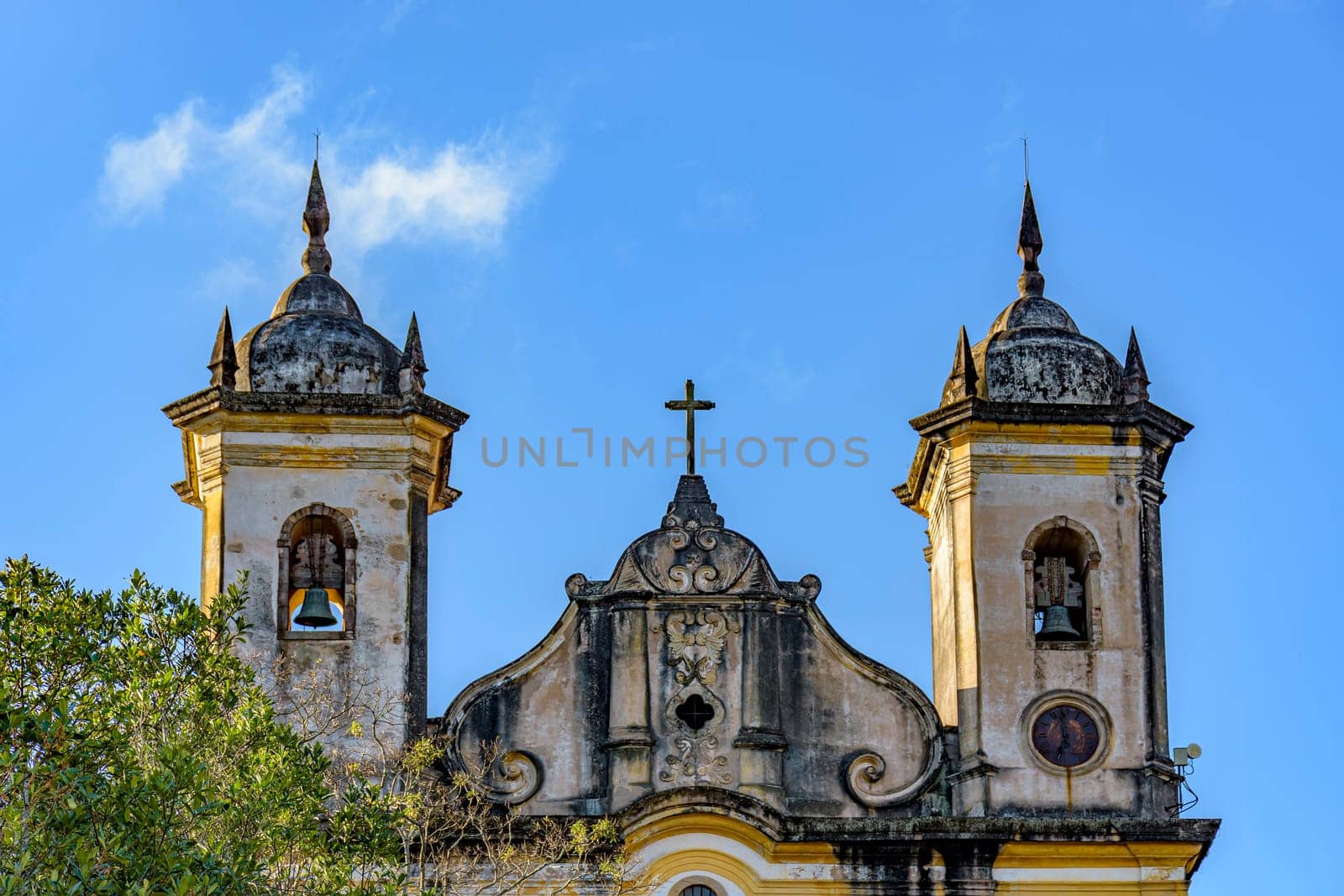 Baroque style historic church towers with their bells in Ouro Preto, Minas Gerais