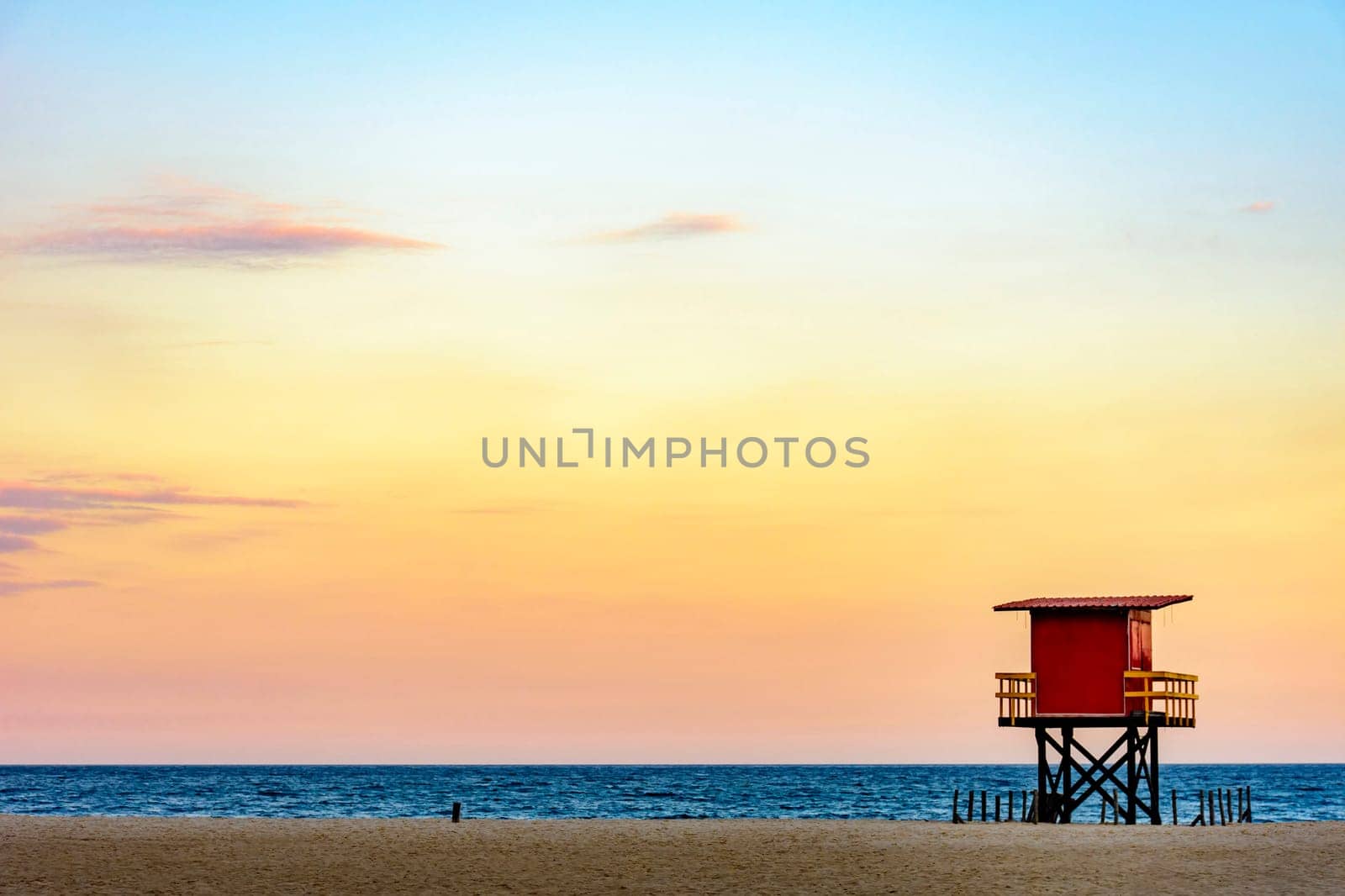 Rescue cabin on Copacabana beach at a sunset by Fred_Pinheiro