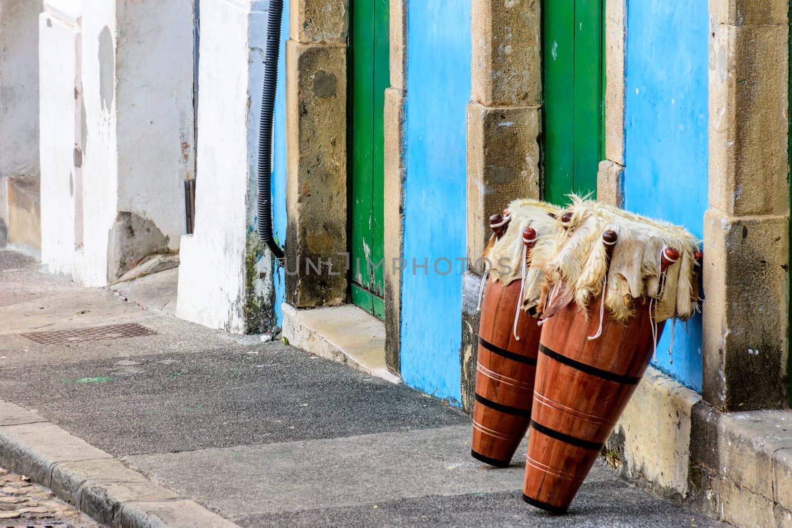 Ethnic drums also called atabaques on the streets of Pelourinho, the historic center of the city of Salvador in Bahia