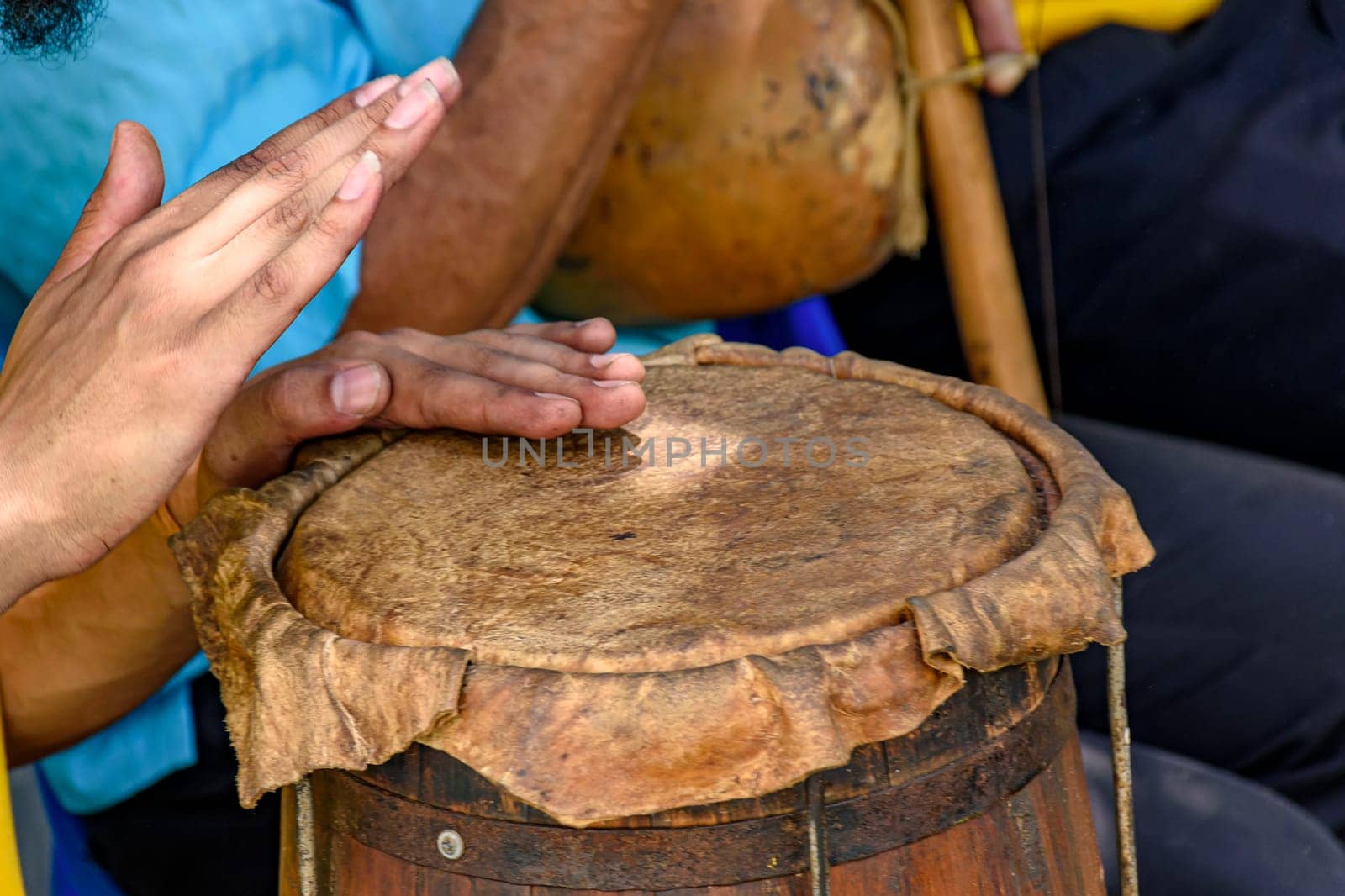 Ethnic drums used in religious festival in Lagoa Santa, Minas Gerais near the fire so that the leather stretch and adjust the sound of the instrument