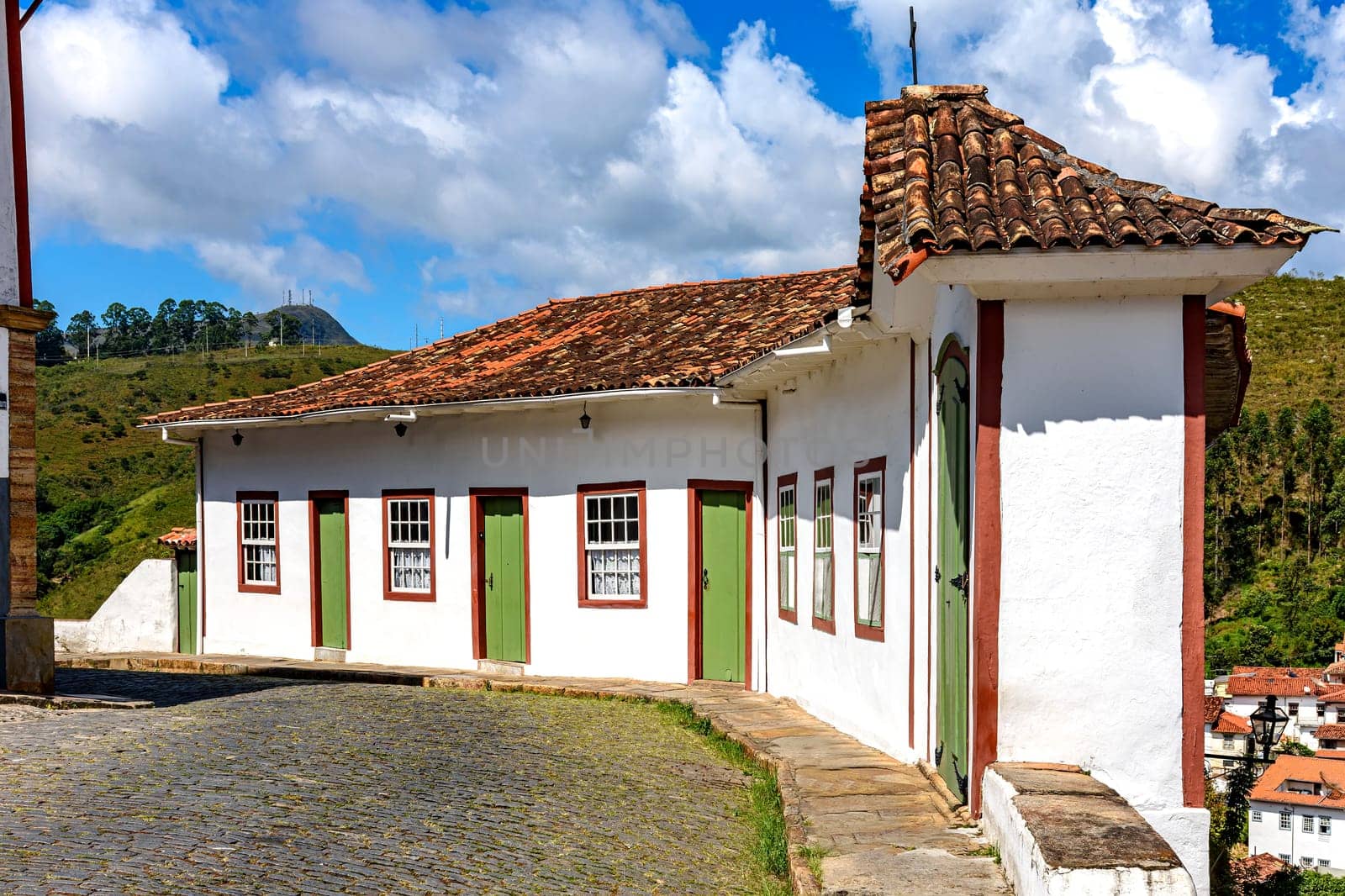 Cobblestone streets of Ouro Preto with old colonial-style houses in the state of Minas Gerais