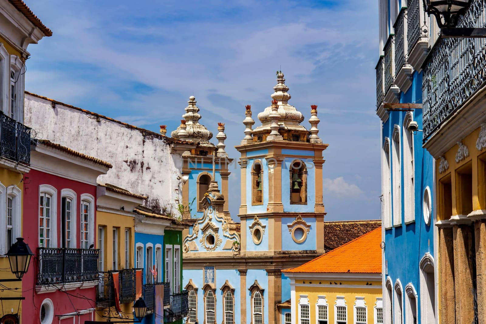 Historic colorful buildings and baroque churches in the famous Pelourinho neighborhood in Salvador, Bahia