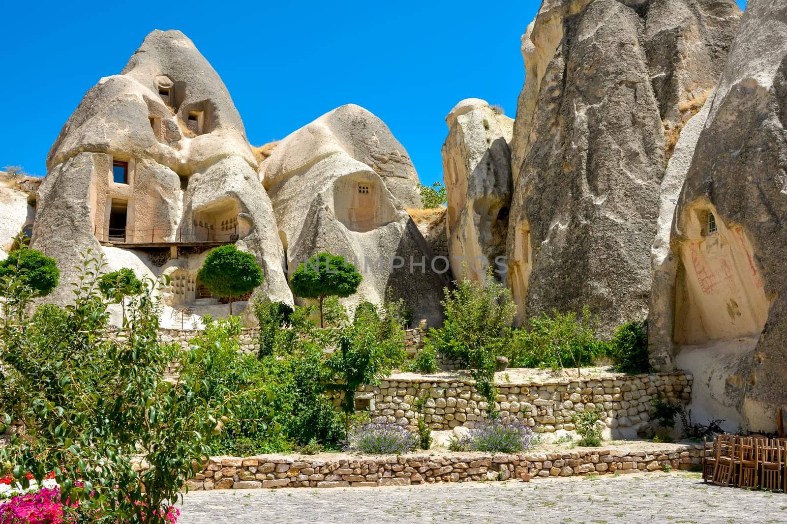Houses built on the typical rocks of the Cappadocia region in Turkey