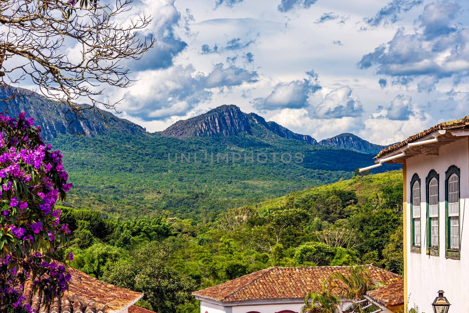 Houses, mountains and forest in the historic city of Tiradentes in the state of Minas Gerais