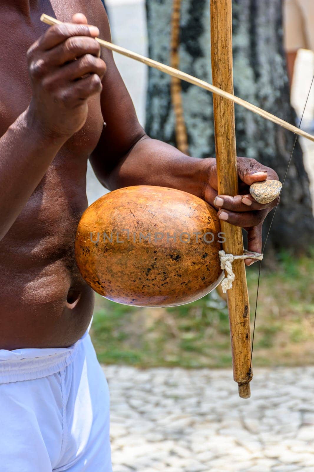 Musician playing a traditional Brazilian percussion instrument called berimbau during a capoeira performance on the streets of Pelourinho in Salvador, Bahia