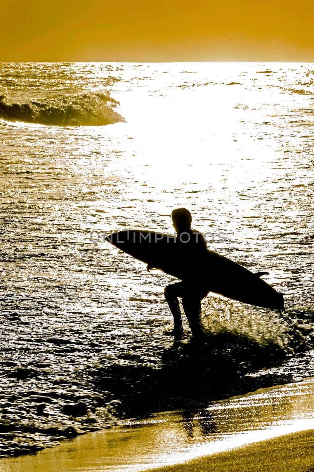 Silhouette of a surfer entering the sea with his surfboard during the sunset at Ipanema beach in Rio de Janeiro