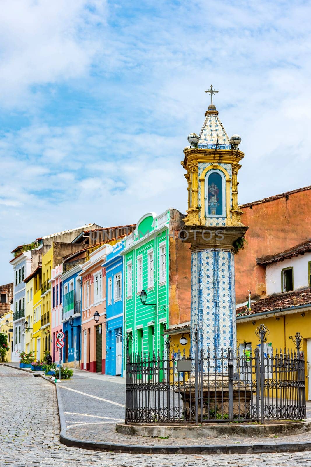 Street of the Pelourinho neighborhood in Salvador in Bahia with its old colorful houses and monuments