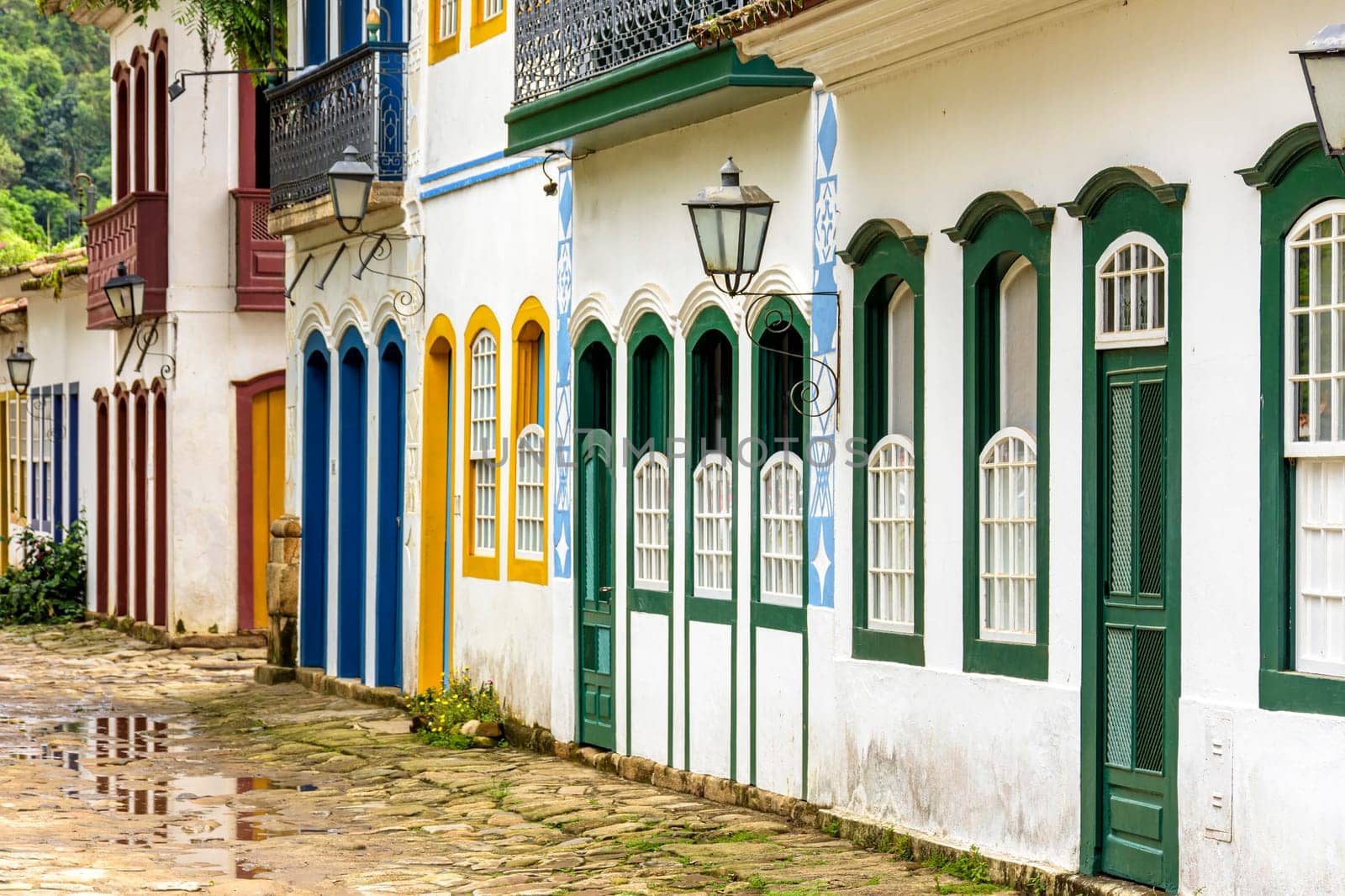 Quiet streets with colorful old colonial-style houses and cobblestones in the historic city of Paraty on the south coast of the state of Rio de Janeiro, Brazil