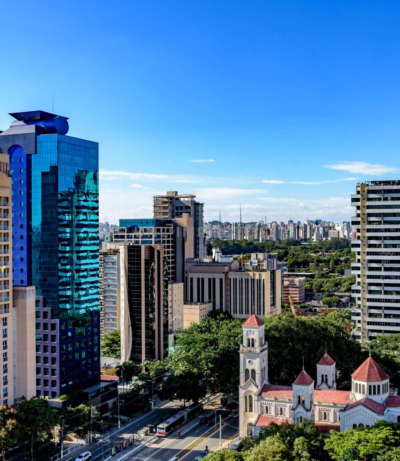 View of the modern city of São Paulo and its buildings forming a wall of buildings in the background on a sunny day