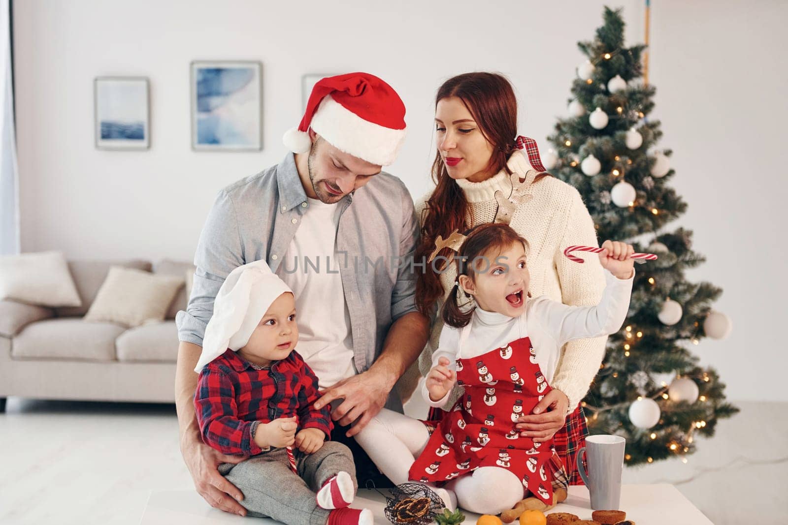Sits against fir. Beautiful family celebrates New year and christmas indoors at home.