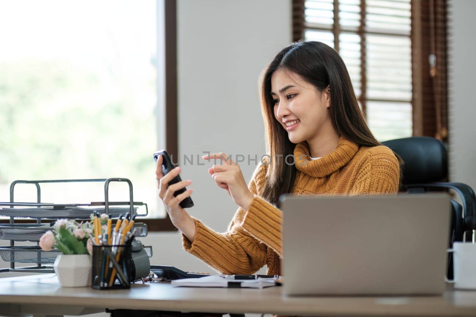 Asian girl student online learning class study online video call zoom teacher, Happy asian girl learn english language online with computer laptop....