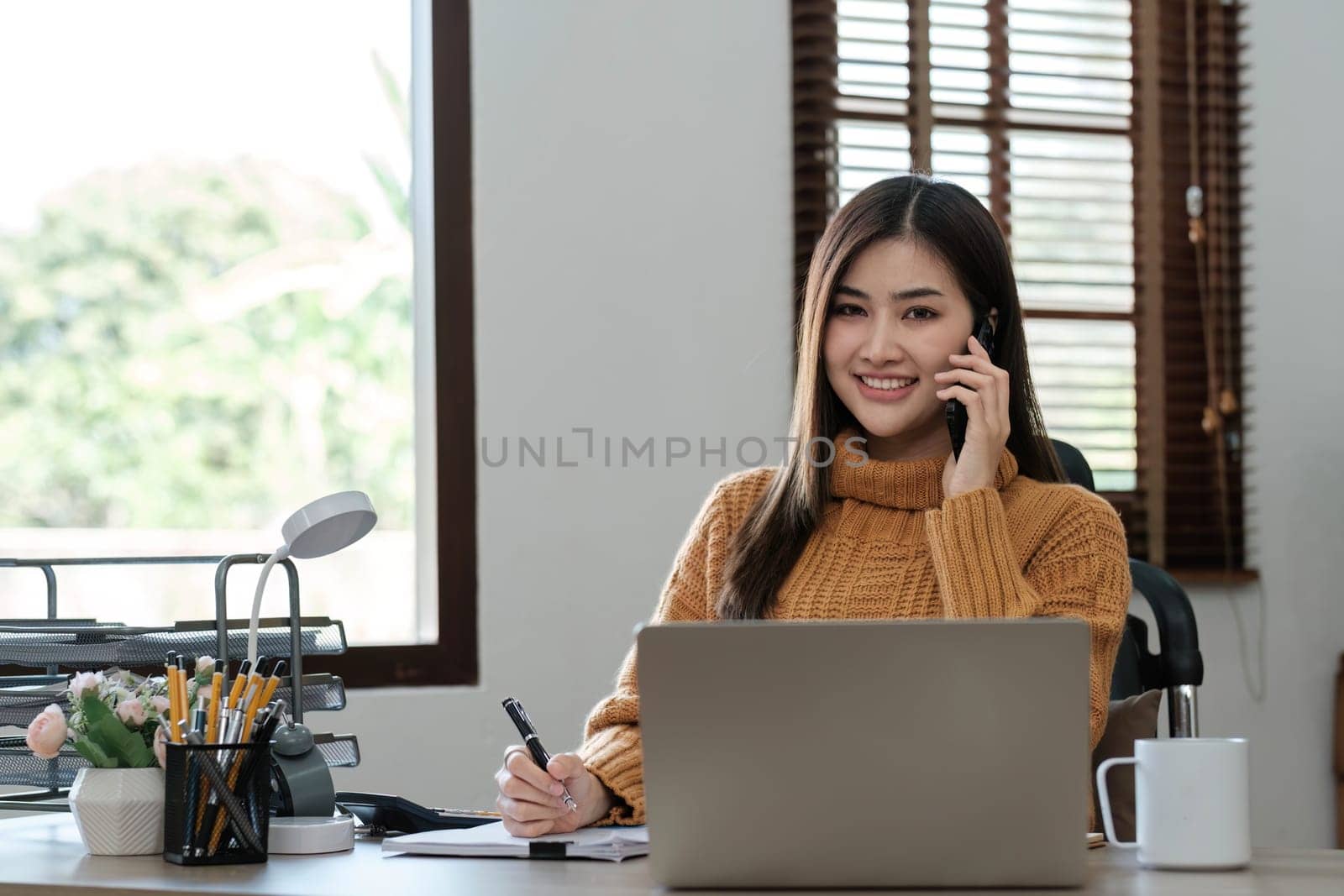 Asian girl student online learning class study online video call zoom teacher, Happy asian girl learn english language online with computer laptop.. by wichayada