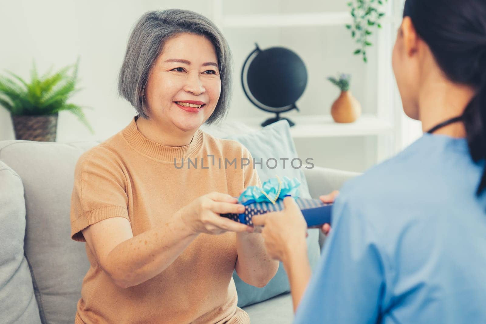 A young caregiver hand over to her senior patient a blue gift box with blue ribbons at a contented living room.