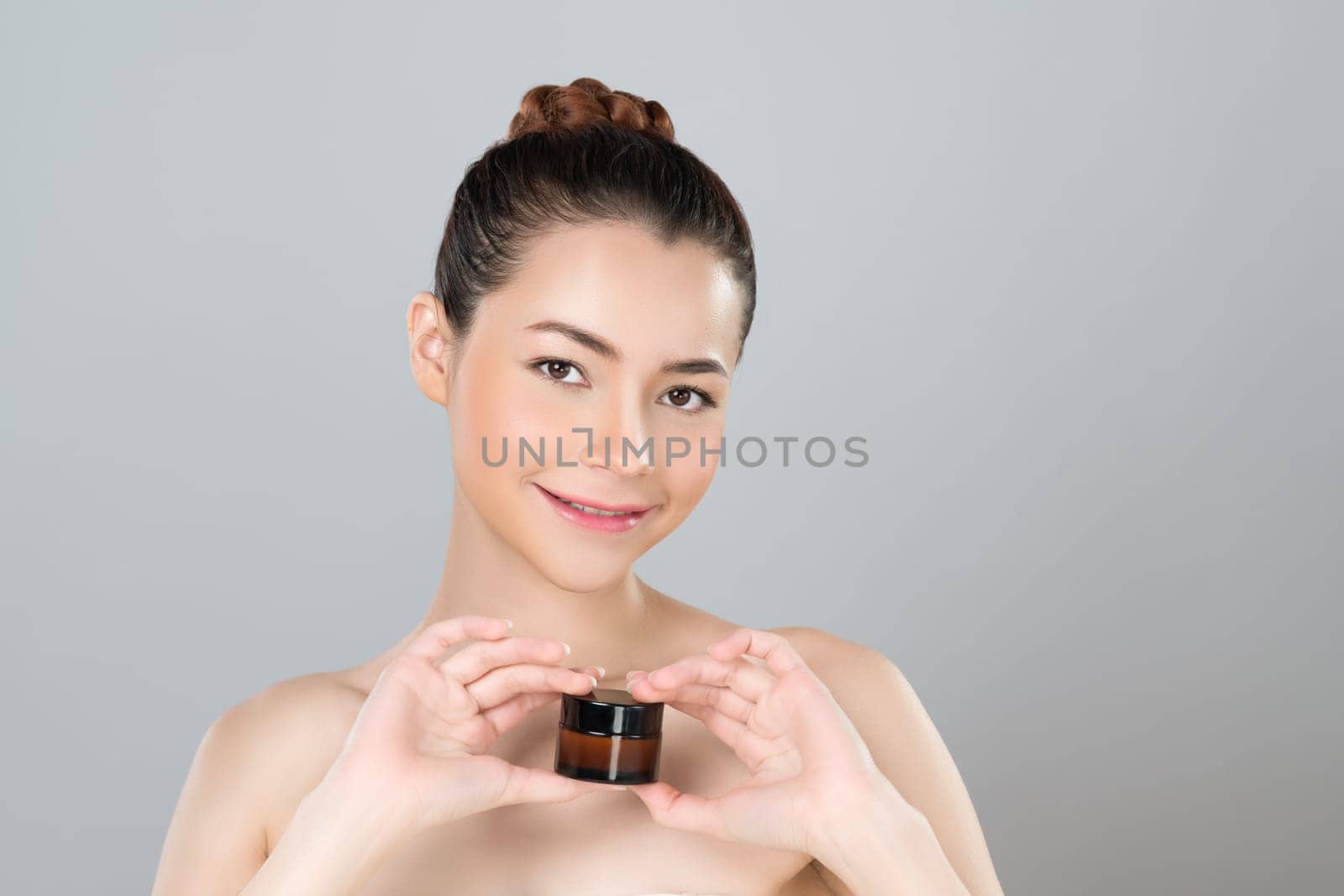 Glamorous perfect skin woman advertising mockup moisturizer jar. by biancoblue