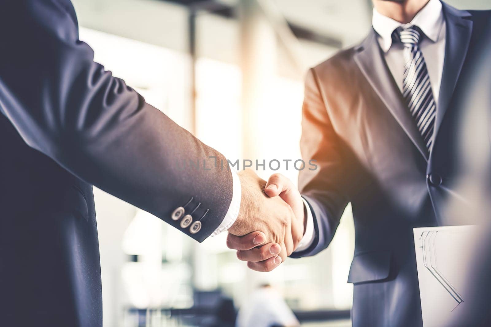 Businessman shaking hands after signing off on a meeting with partners, setting goals, and planning the way to success. Collaborative teamwork.