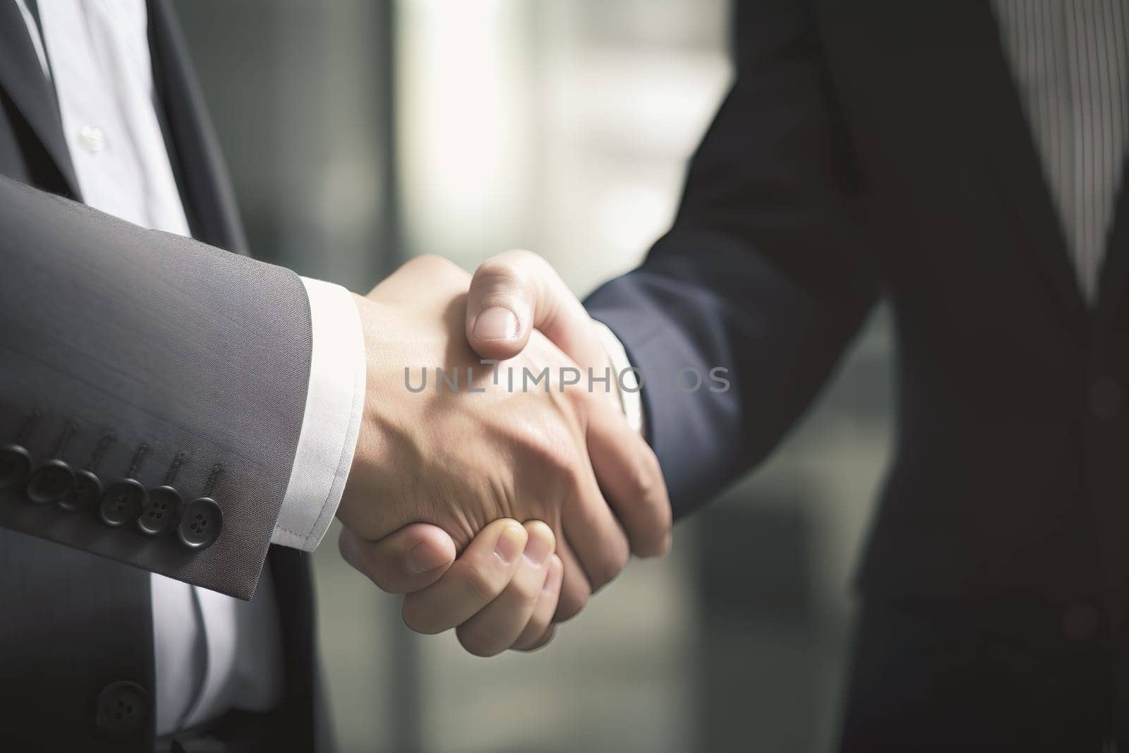 Businessman shaking hands after signing off on a meeting with partners, setting goals, and planning the way to success. Collaborative teamwork.