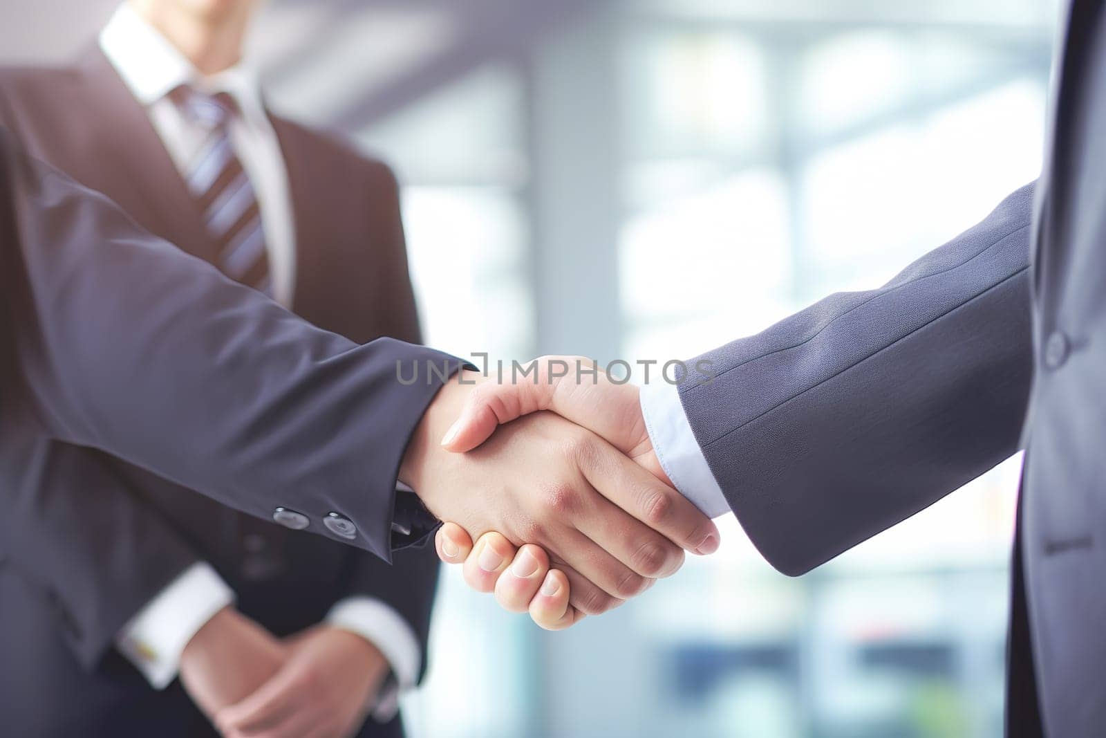Businessman shaking hands after signing off on a meeting with partners, setting goals, and planning the way to success. Collaborative teamwork.