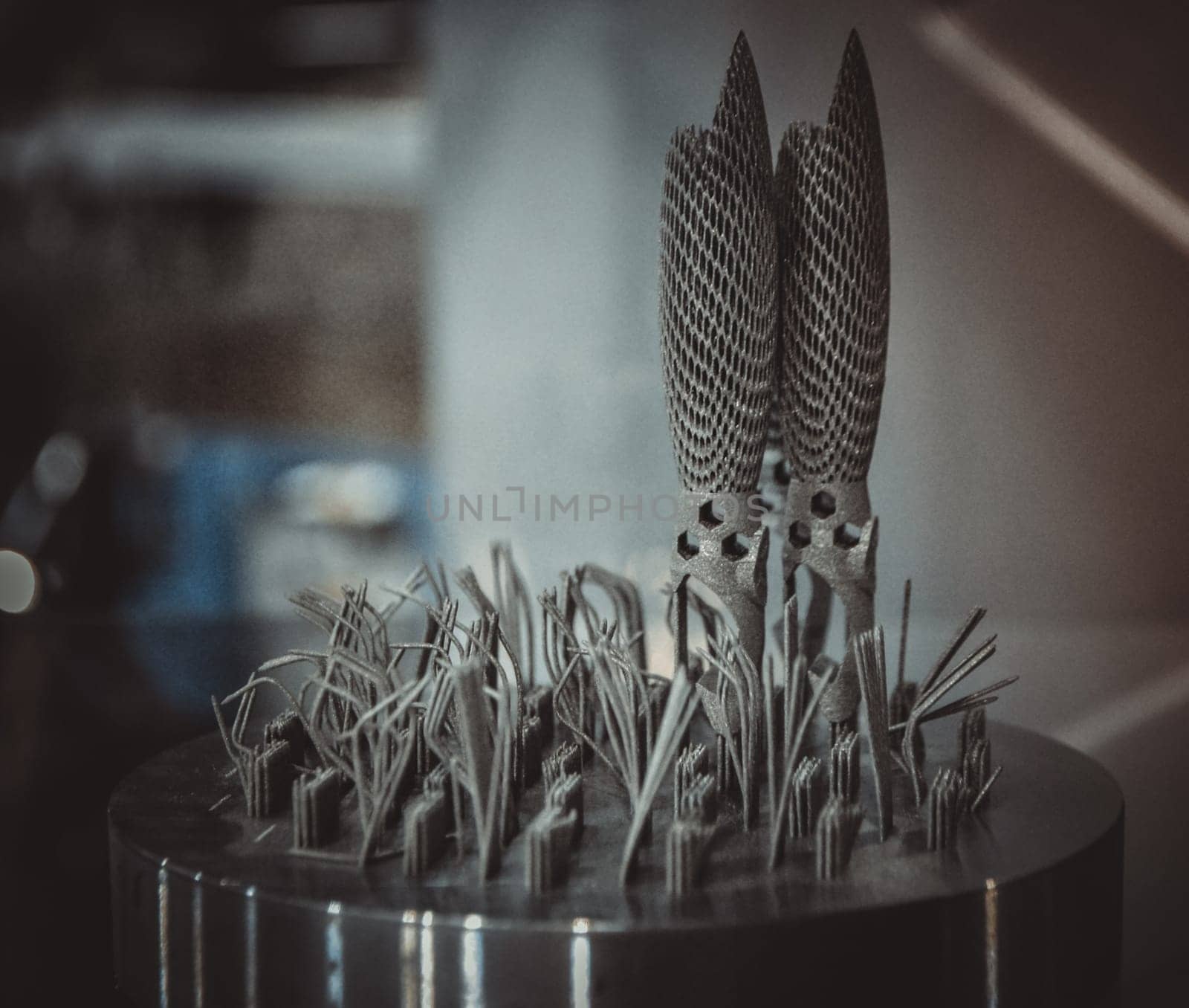 Object printed on metal 3d printer close-up. Object printed in laser sintering machine. Modern 3D printer printed from metal powder. Concept progressive additive DMLS, SLM, SLS 3d printing technology