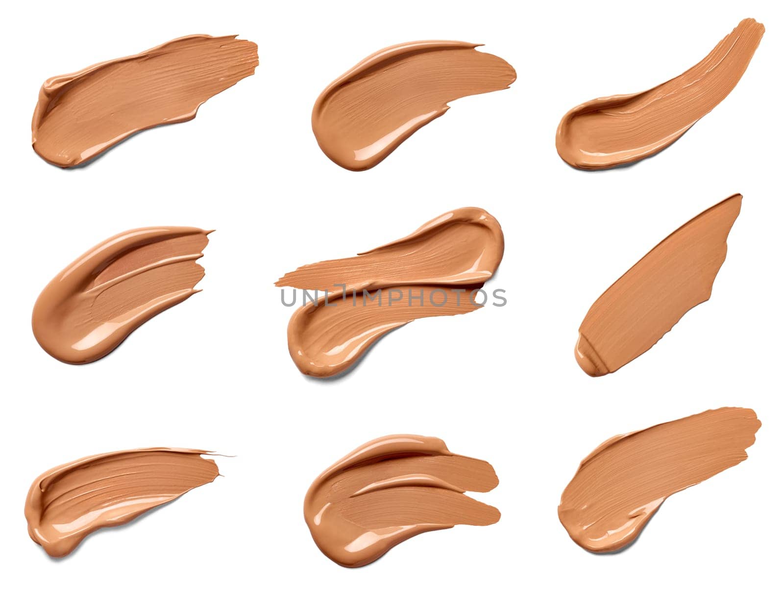 collection of beauty liquid powder make up strokes on white background. each one is shot separately