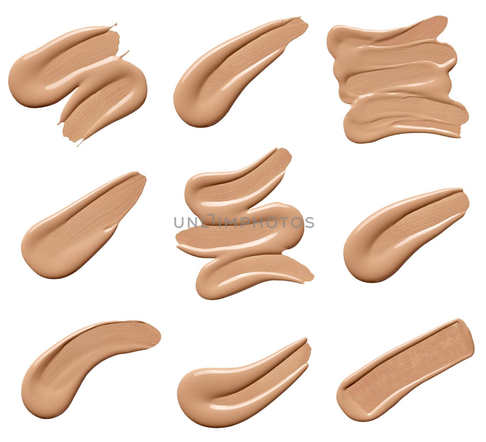 collection of beauty liquid powder make up strokes on white background. each one is shot separately