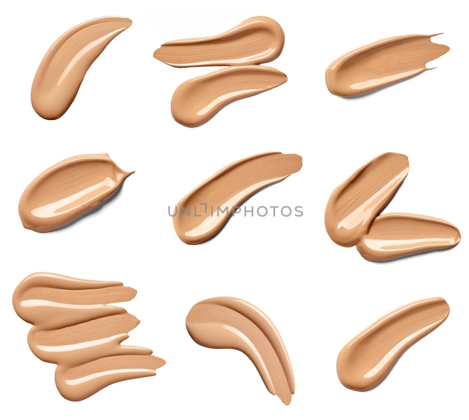 collection of beauty liquid powder make up strokes on white background. each one is shot separately