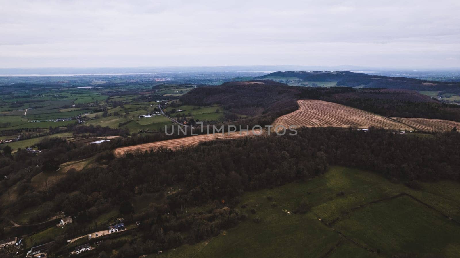 Aerial view of green countryside. High quality photo