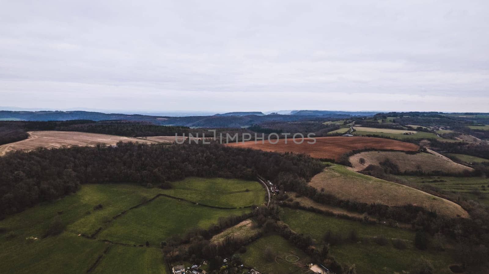 Aerial view of green countryside. High quality photo