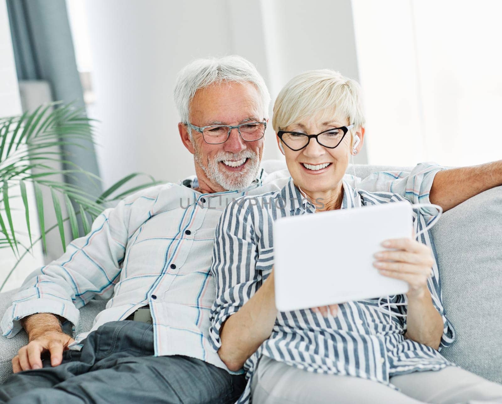 portrait of happy smiling senior couple using tablet at home