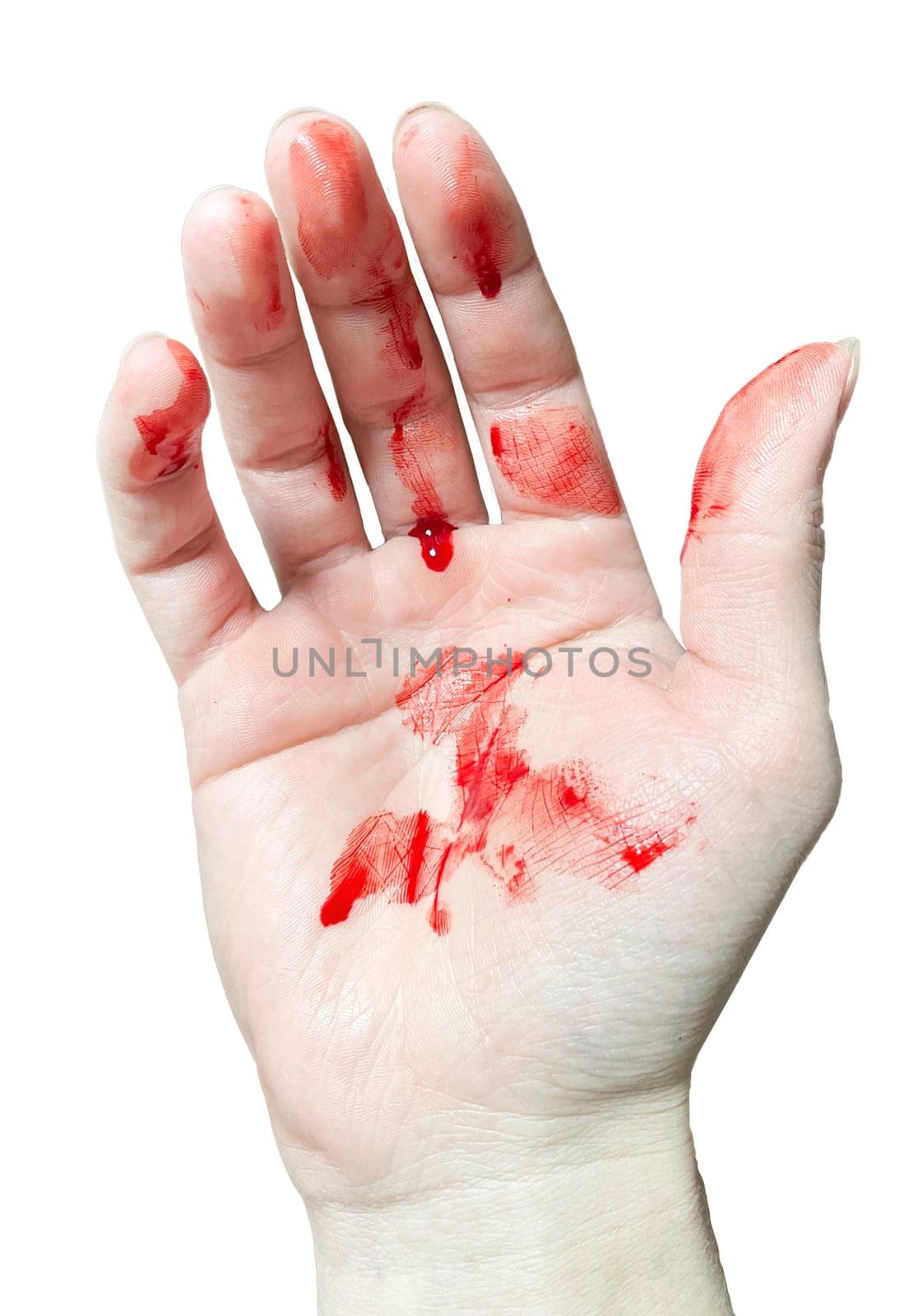 A bloody hand on a white background. Bloodstains on the palm of a real bloody hand.