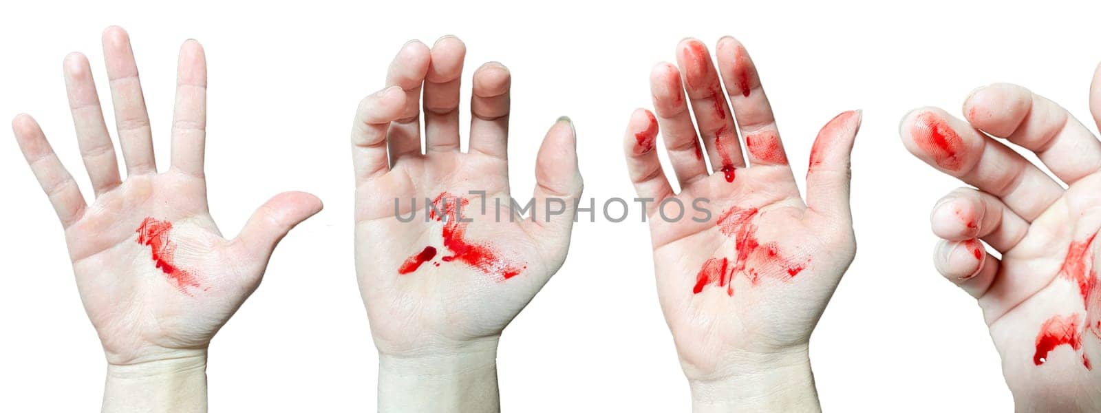 A bloody hand on a white background. The bloodstains on the palm are a real bloody hand. A set of four positions.