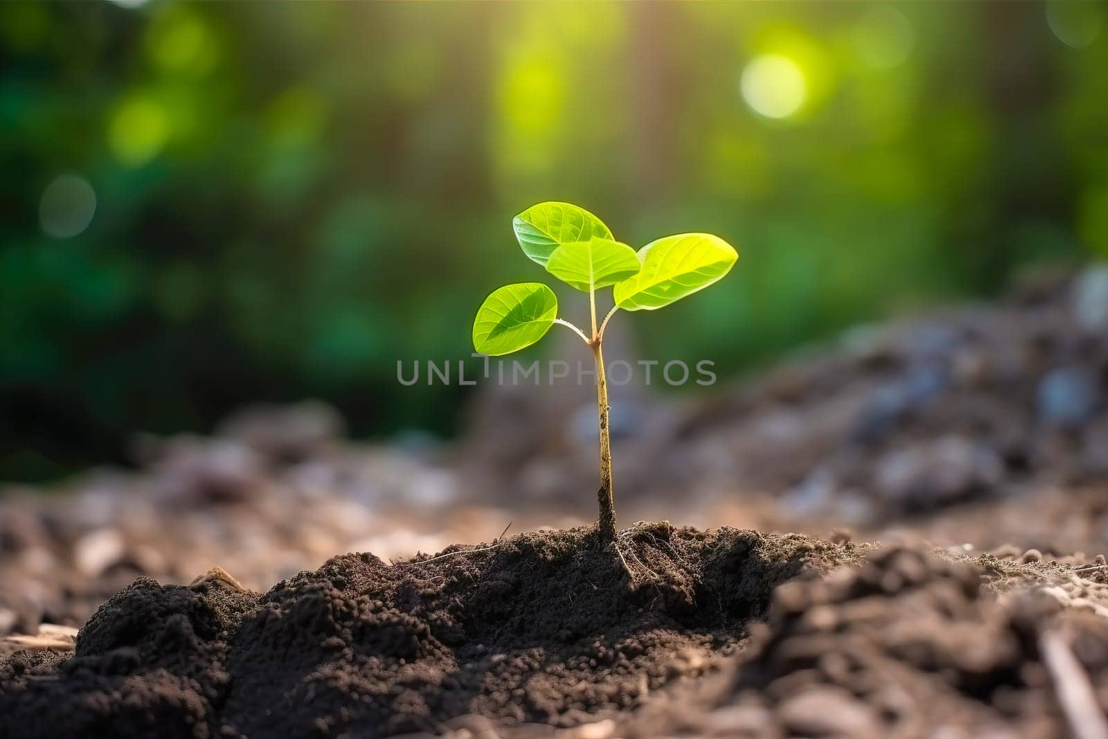 Young green plant growing at sunlight in the garden. World Earth Day banner. Save world concept.
