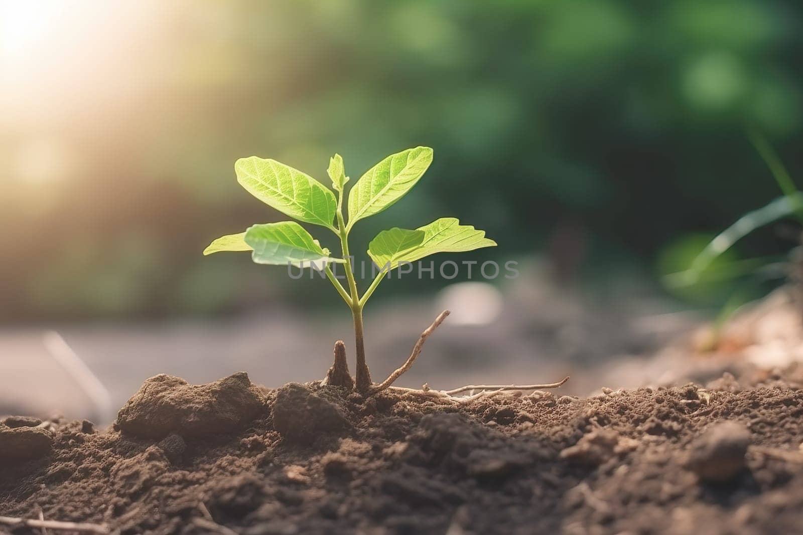 Young green plant growing at sunlight in the garden. World Earth Day banner. Save world concept.