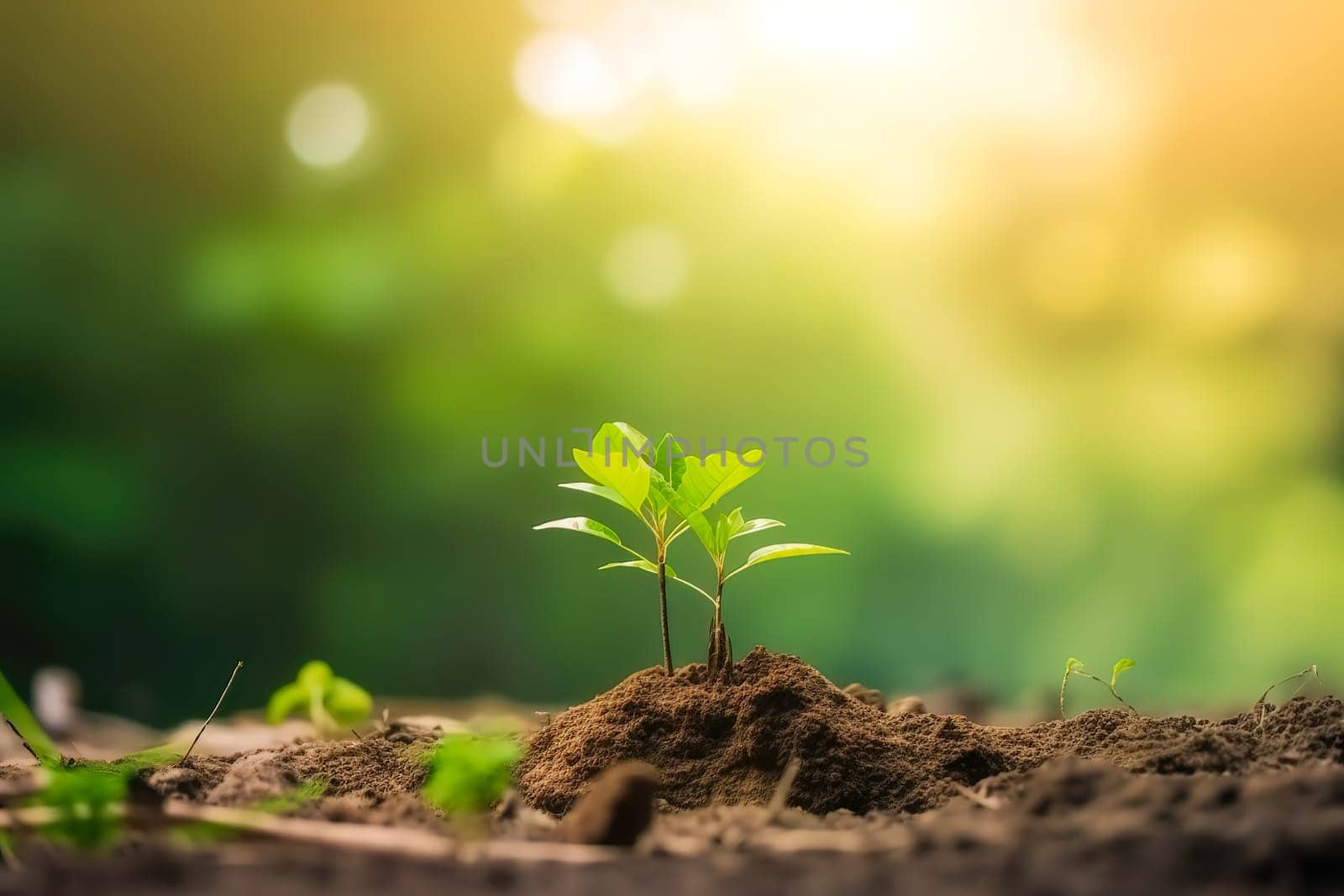 Young green plant growing at sunlight in the garden. World Earth Day banner. Save world concept.