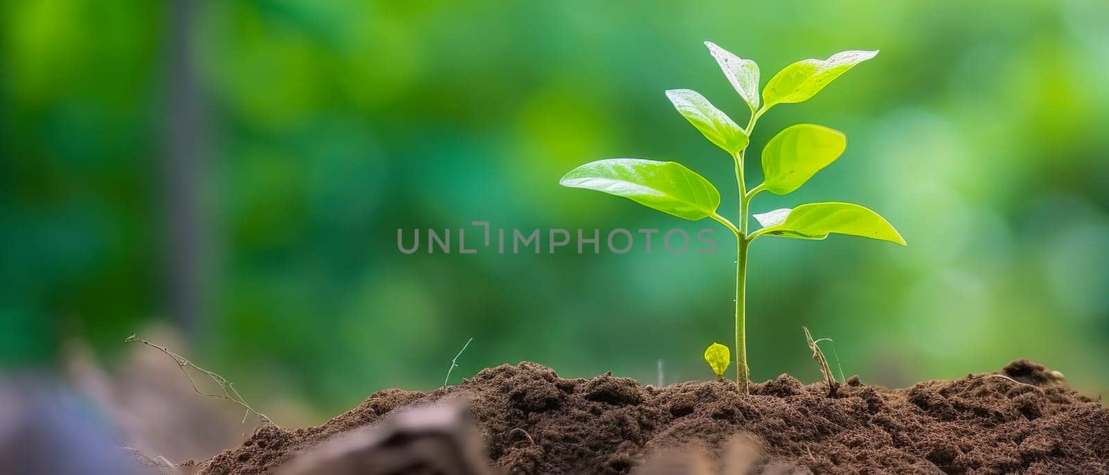 Young green plant growing at sunlight in the garden. World Earth Day banner. Save world concept.