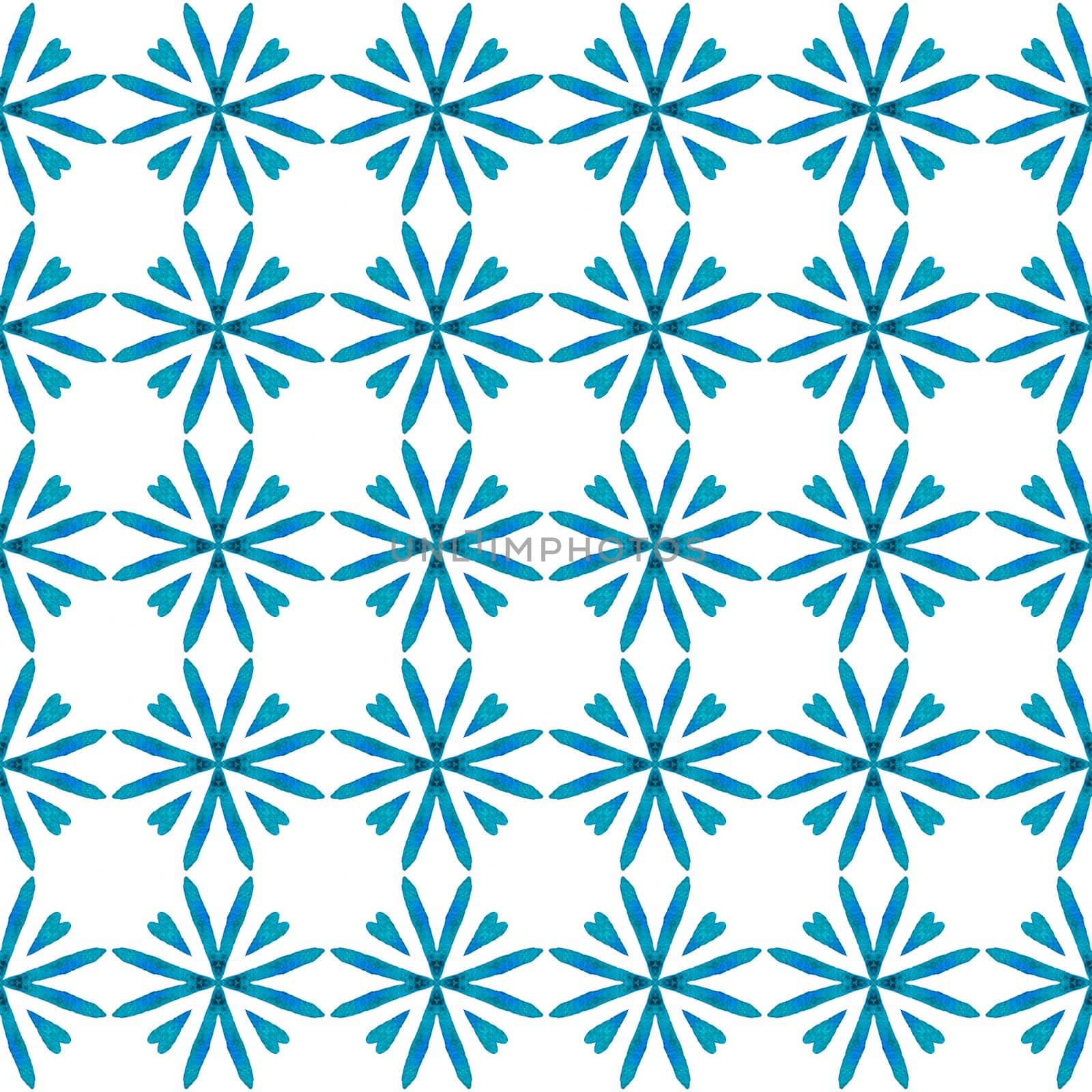 Textile ready dramatic print, swimwear fabric, wallpaper, wrapping. Blue juicy boho chic summer design. Hand painted tiled watercolor border. Tiled watercolor background.