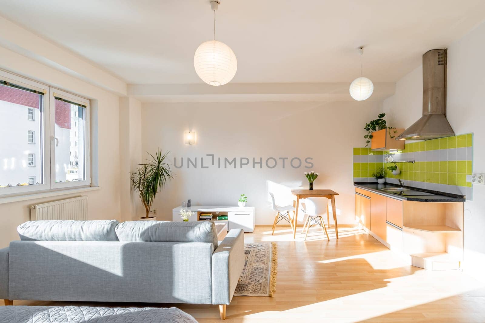 living room with kitchen in an apartment building. High quality photo