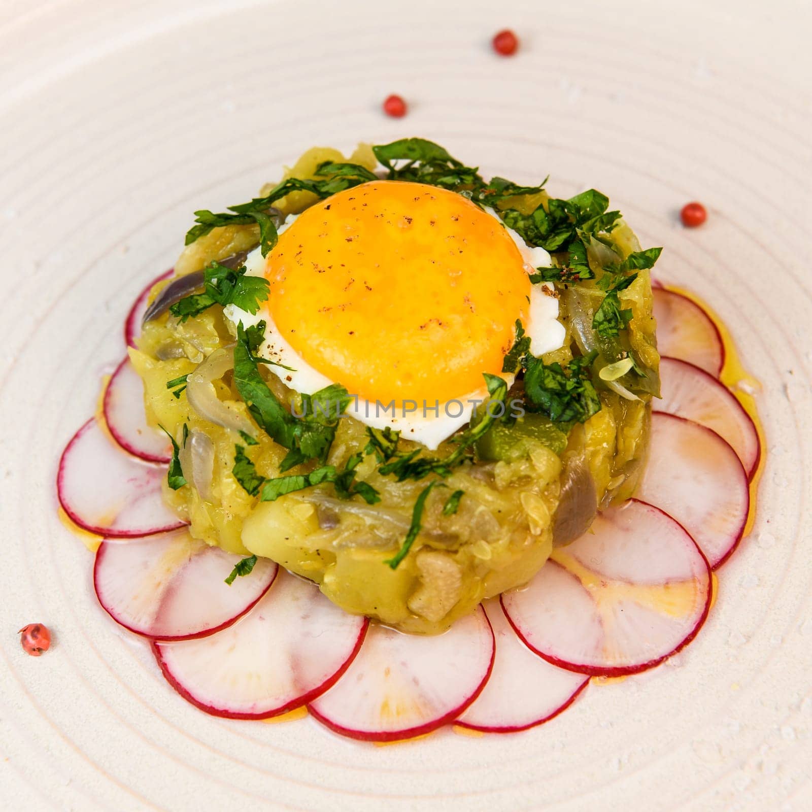 Recipe of courgette meat, onion, potato, garlic, pepper, coriander and egg yolk fried on a bed of round radish, High quality photo