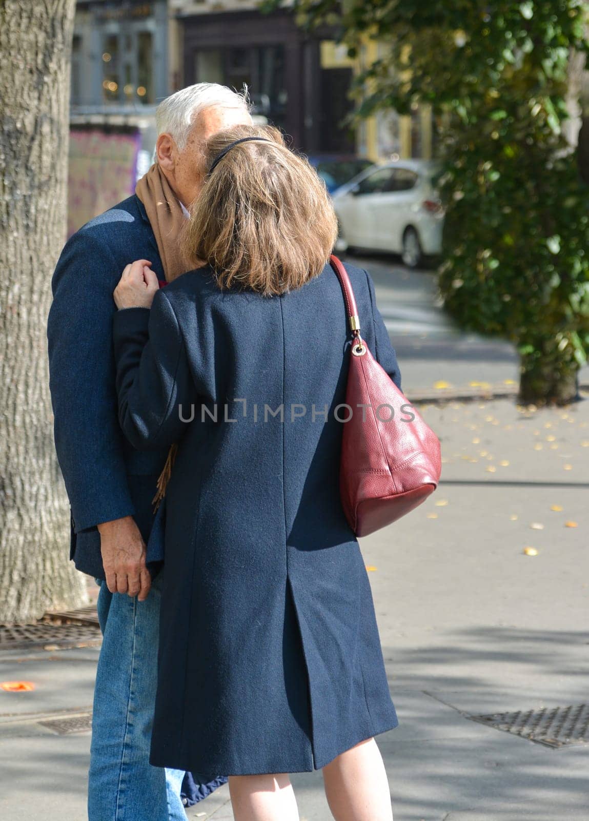 elderly white-haired couple kissing outdoors by Godi