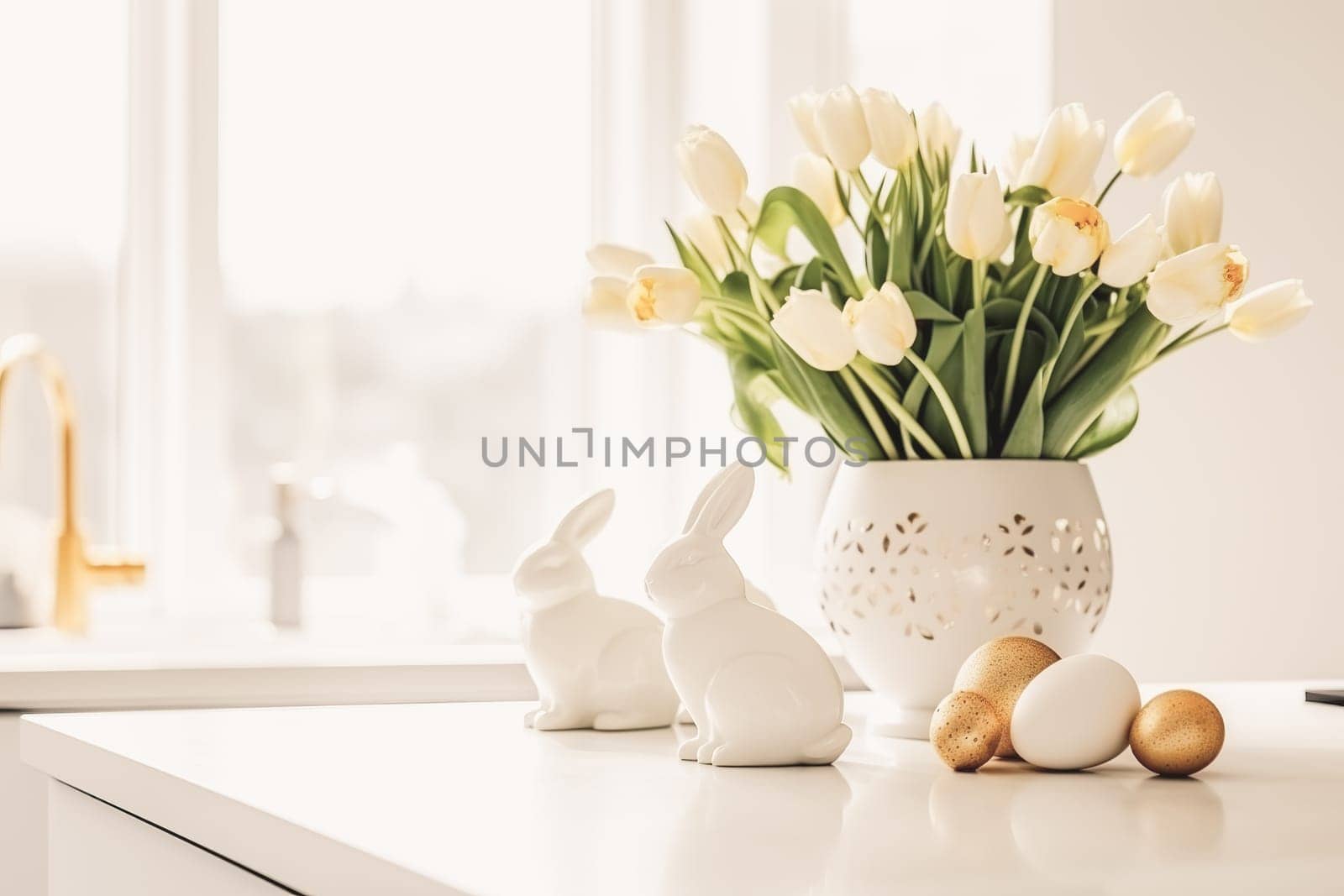 Easter table setting with tulips, Easter bunnies, and eggs with golden patterns in the white Scandinavian-style kitchen background. Beautiful minimalist design for greeting card.