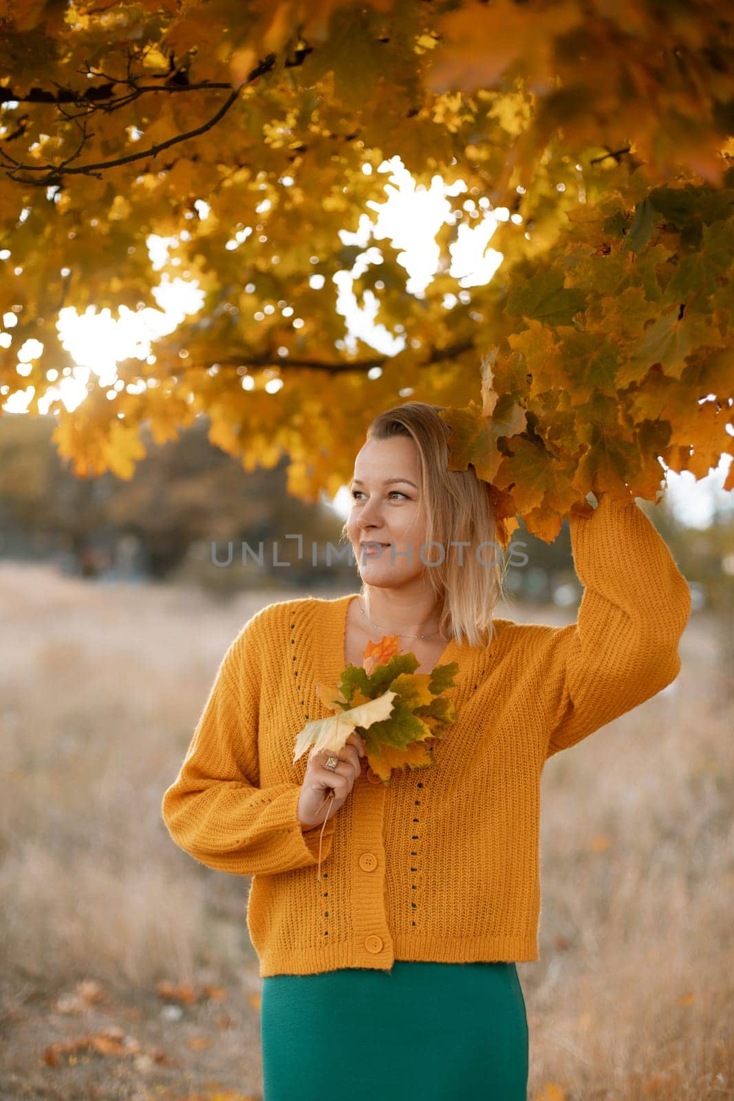 Woman holding autumn leafs in the nature. Autumn woman on leafs background by Matiunina