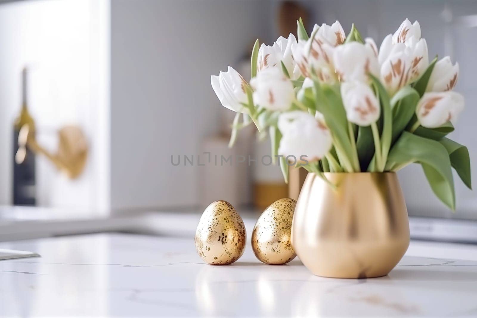 Easter table setting with tulips, Easter bunnies, and eggs with golden patterns in the white Scandinavian-style kitchen background. Beautiful minimalist design for greeting card.