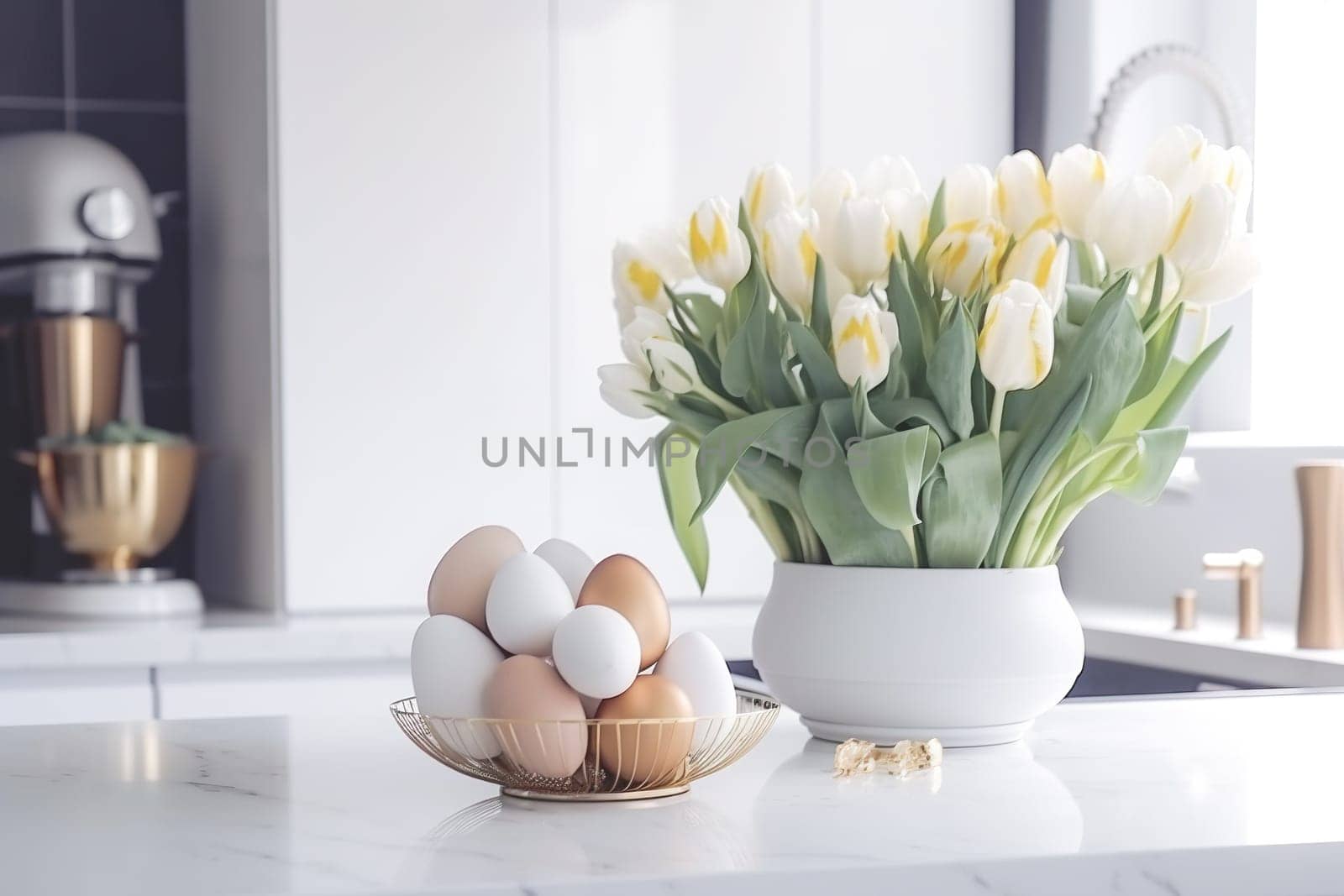 Easter table setting with tulips, Easter bunnies, and eggs with golden patterns in the white Scandinavian-style kitchen background. Beautiful minimalist design for greeting card.