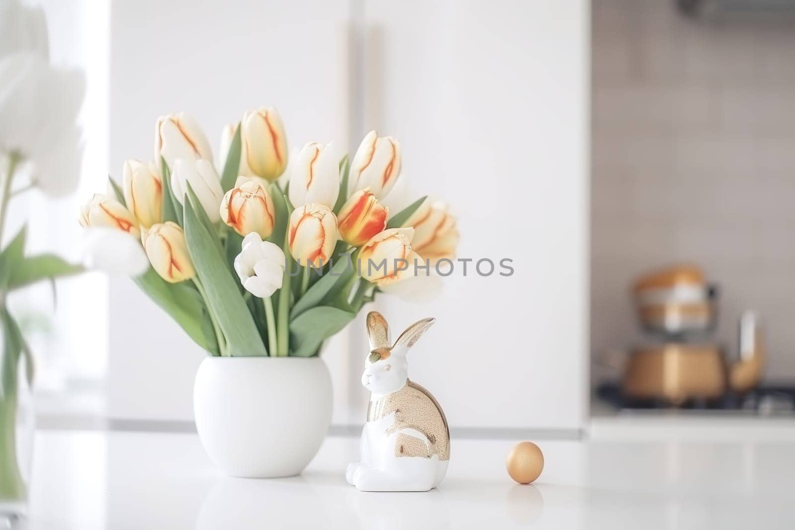 Easter table setting with tulips, Easter bunnies, and eggs with golden patterns in the white Scandinavian-style kitchen background. Beautiful minimalist design for greeting card.