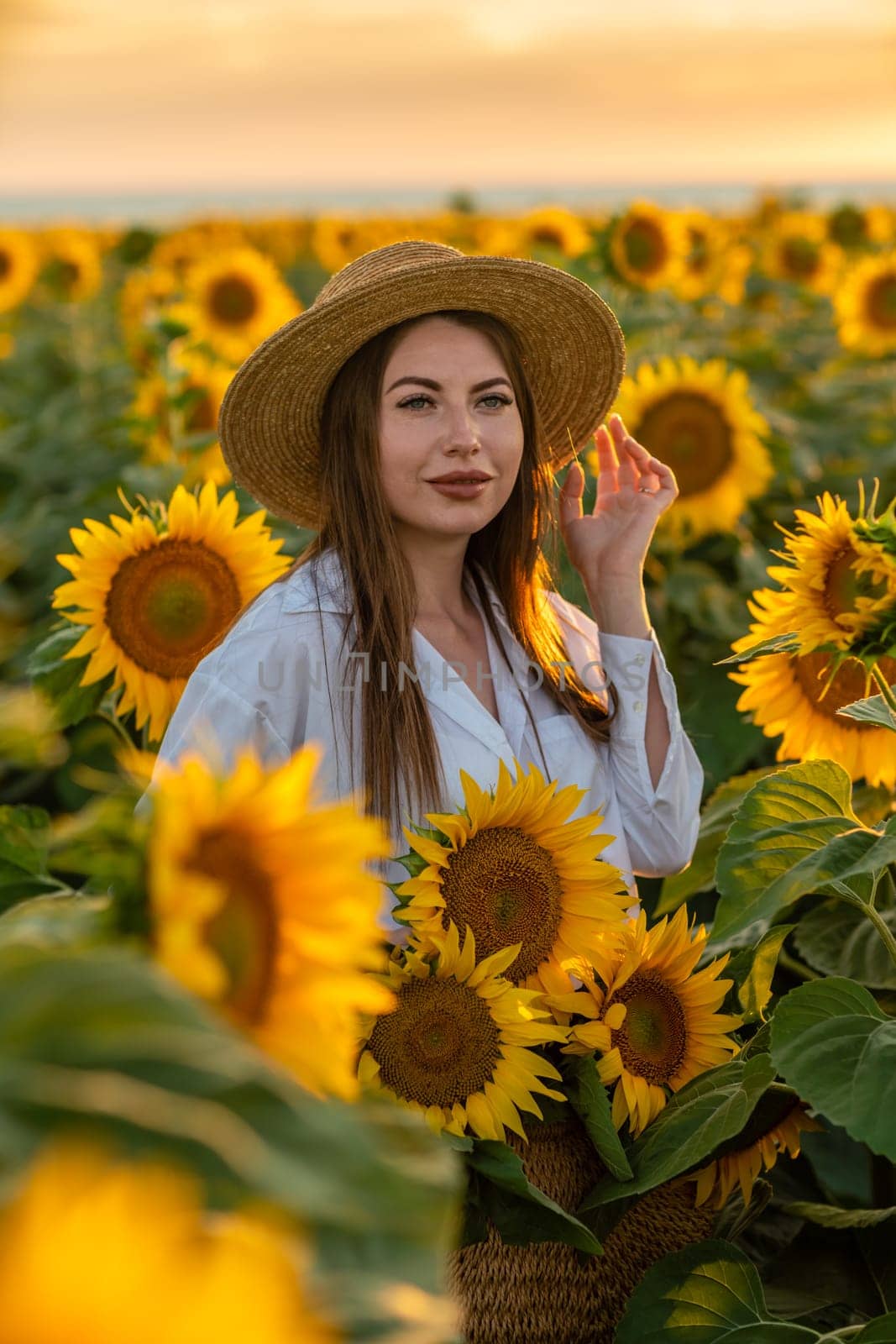 A girl in a hat on a beautiful field of sunflowers against the sky in the evening light of a summer sunset. Sunbeams through the flower field. Natural background